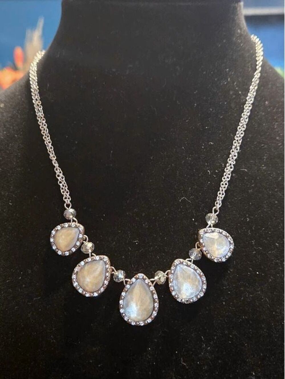 Rhinestone and Pear-Shaped Cabochon Stone Multi-Drop Statement Necklace